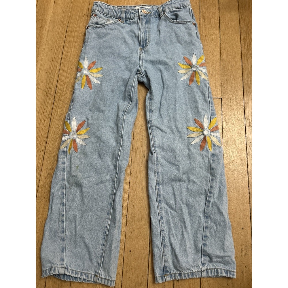 Zara Light Blue Denim Jeans with Yellow & White Daisy Embroidery